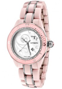 Lucien Piccard Women's Celano Automatic White Diamond White Pasley MOP Dial Pink Ceramic and Stainless Steel